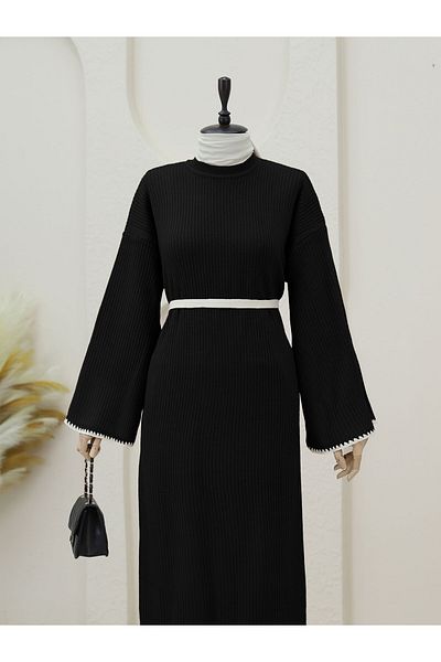 Modamorfo Lace-Up Knitwear Dress with Embroidered Hem and Sleeves - Black