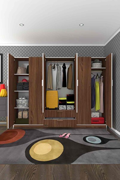 Kenzlife Gardırop 6 Kapılı Çekmeceli Begonvil240 Cvz Kapaklı Gardolap Dolap