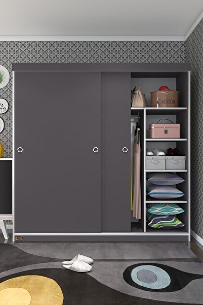 Kenzlife Gardırop Sürgülü Kapaklı Kapılı 180 Papatya Gri Gardolap Dolap