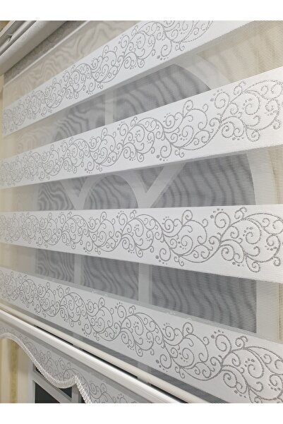 KORUTEKS Zebra Stor Perde Sarmaşık Desen Gümüş Simli Etek Dilimli KT-9300 V 01