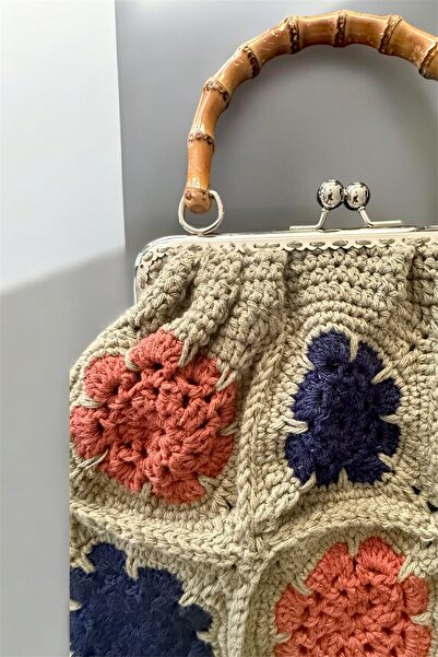 Pinty Design Crochet El Yapımı Bambu Saplı  Kadın El Çantası