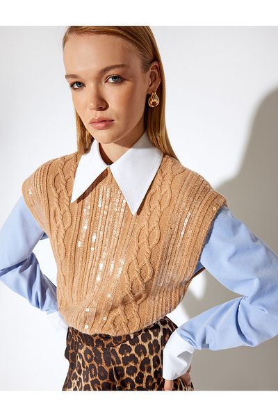 Koton X Melis Ağazat - Crew Neck Sequin Sequined Hair Knit Sweater