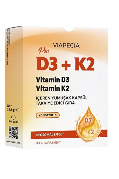 Viapecia D3+K2 Vitamin D3 Vitamin K2 Yumuşak Takviye Edici Kapsül 60 Adet