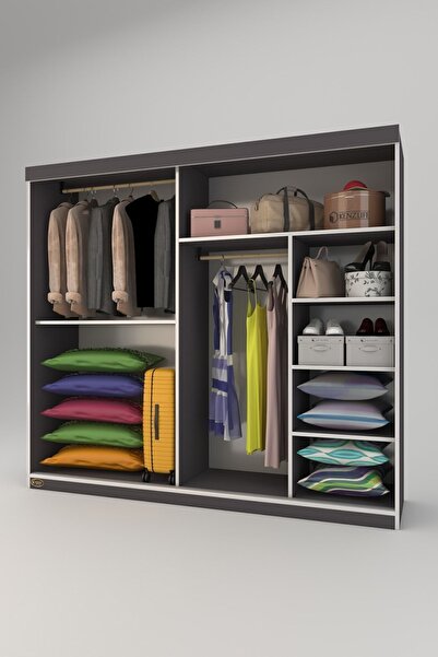 Kenzlife Gardırop Sürgülü Kapaklı Kapılı 200 Papatya Gri Aynalı Gardolap Dolap