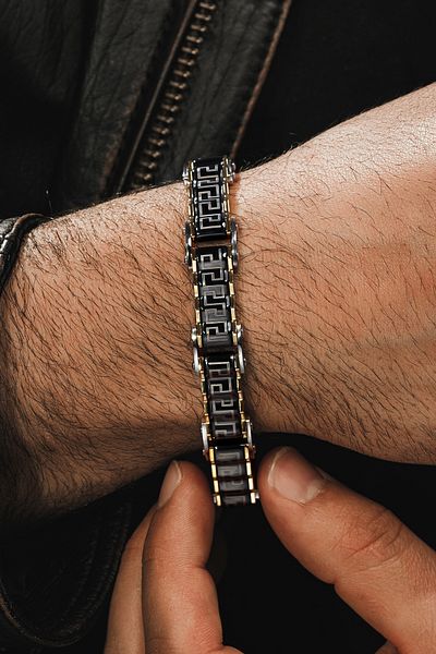 OSMANLI GÜMÜŞ Men's Bracelet - Grek Triangle Steel, Yellow, Thick Imprint, Cblaltgrek1