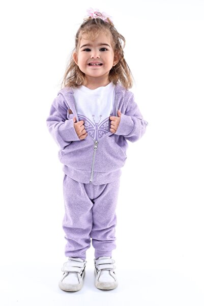 minikiss Waflee Örme Kumaş Kapşonlu Kız Çocuk 3lü Takım