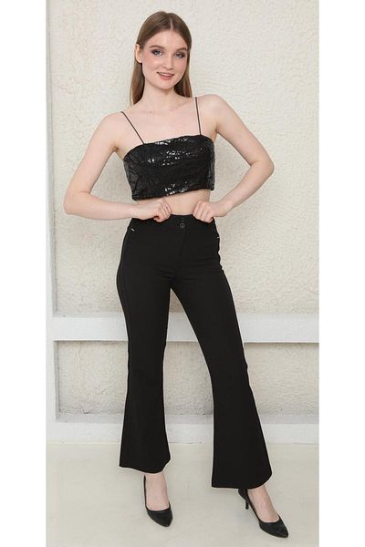 ŞİNDO GİYİM Women's High Waist Spanish Leg Fabric Pants