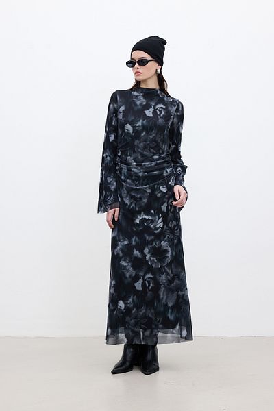Manuka Schwarzes, gemustertes Tüllkleid mit weitem Ärmel