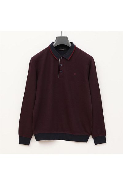 Dio Rise Tricou polo subțire cu mânecă lungă pentru bărbați - IS-201 - Roșu Claret - Bleumarin