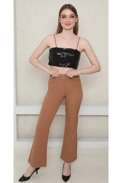 ŞİNDO GİYİM Women's High Waist Spanish Leg Fabric Pants
