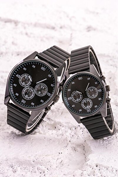 Saattino Çift Siyah Çelik Kordon Analog Kadın Erkek Kol Saati Kombin Saat ST-...