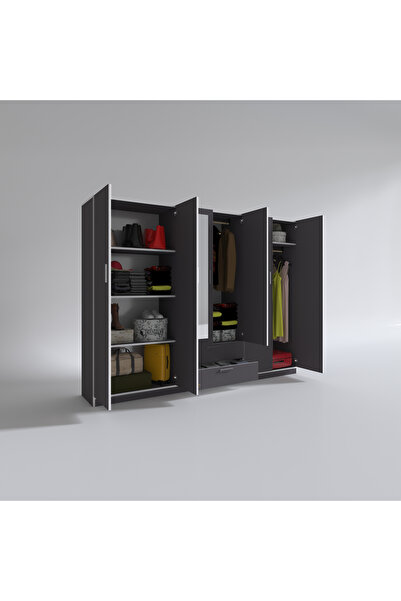 Kenzlife Gardırop 6 Kapılı Çekmeceli Begonvil240 Gri Aynalı Kapaklı Gardolap Dolap