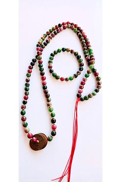 PİRAMİGO Brass 5 Chinese Coin Tourmaline Natural Stone 108 Mala Necklace & Bracelet