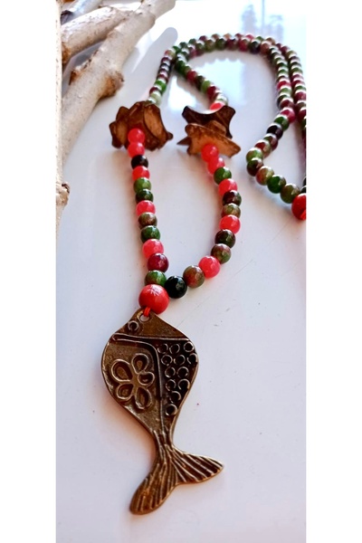 PİRAMİGO Koi Balık Turmalin & Gül Kuvars 108 Mala Uzun Kolye