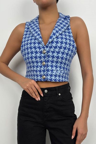 bayansepeti Saks Houndstooth Patterned Button Detailed Shirt Collar Crop Vest 23s12002