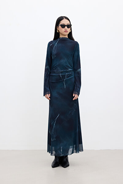 Manuka Φόρεμα από τούλι με φουσκωτό μανίκι με βαθύ πράσινο σχέδιο