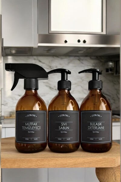 GO BLOBS 3'lü Set 300ml Şişe Amber Sprey Mutfak Temizleyici & Sıvı Sabun & Bu...