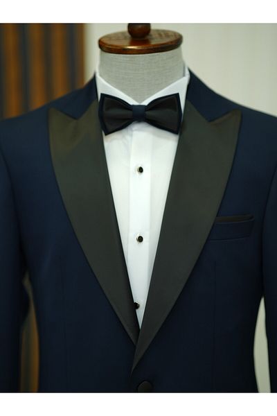 LONATOLİA Men's Premium Tuxedo Swallow Collar Italian Style Jacket Pants Bow Tie - Navy