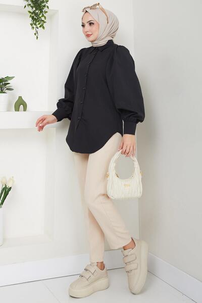 hafsamina Μαύρο πουκάμισο με μπαλόνι μανίκι - HM2639