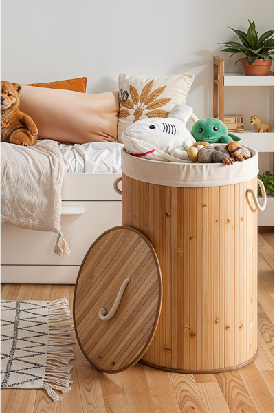 Turkco Πτυσσόμενο Φυσικό Μπαμπού Στρογγυλό Καλάθι Πλυντηρίου Καλάθι Παιχνιδιώ...