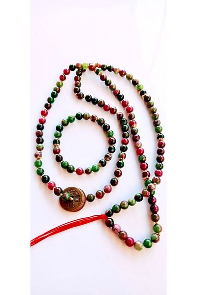 PİRAMİGO Brass 5 Chinese Coin Tourmaline Natural Stone 108 Mala Necklace & Bracelet
