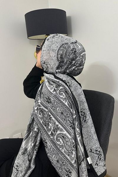 Merve Nayir Black Ethnic Patterned Double Sided Wide Silk Voile Shawl