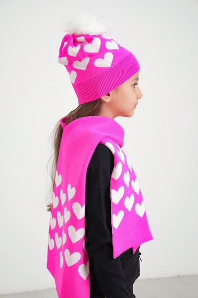CHUBA Heart Patterned Pompom Scarf Beanie Set for 7-12 Years Old Children - Fuchsia Chkıds105