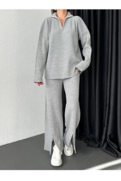miratriko Zipper Detail Knitwear Sweater Trousers Double Set
