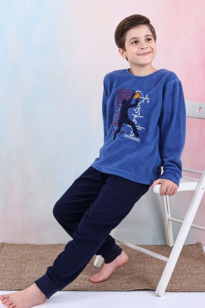 KAPİKİDS Crew Neck - Set de pijamale din lână pentru copii de iarnă cu broderie de baschet, moale și caldă