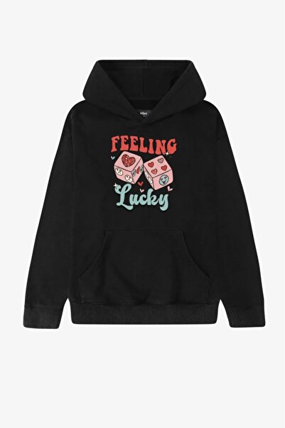 Bravebell Φούτερ με μαύρη κουκούλα Feeling Lucky με στάμπα Unisex Oversize
