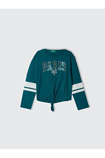 United Colors of Benetton Μακρυμάνικο μπλουζάκι για κορίτσια με πράσινη αντίθεση με κόμπους στο μπροστινό μέρος