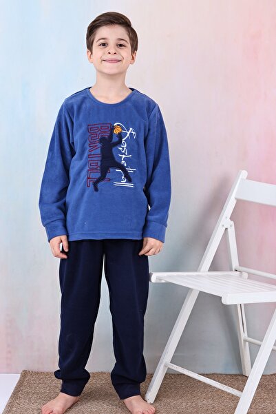 KAPİKİDS Crew Neck - Χειμερινές παιδικές φλις πιτζάμες με κέντημα μπάσκετ, απαλό και ζεστό