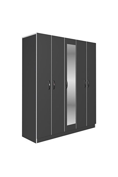 Kenzlife Gardırop 5 Kapaklı Kapılı 150 Lilyum Gri Aynalı Gardolap Dolap