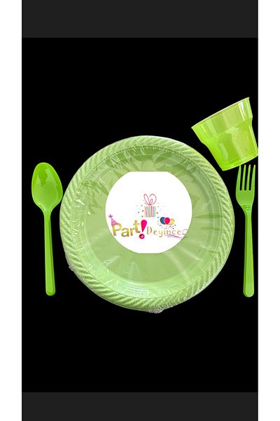 partideyince Plastic Hard Plate Cup Fork Spoon Green Color Set of 25