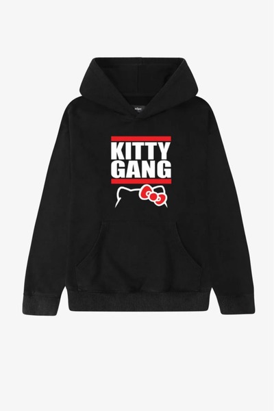 Bravebell Hanorac oversize unisex cu glugă neagră cu imprimeu Katty Gang