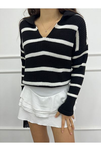 BİKELİFE Dicker, schwarzer Strickpullover mit Rollkragen und Streifen für Damen