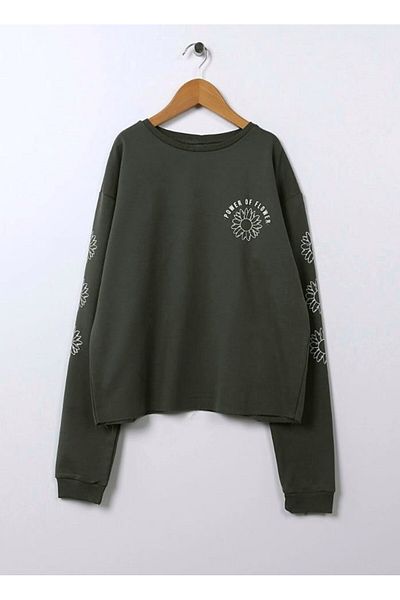 Kübra Tekstil Girl's Floral Printed Crop Sweatshirt - Cotton Body, Sweat