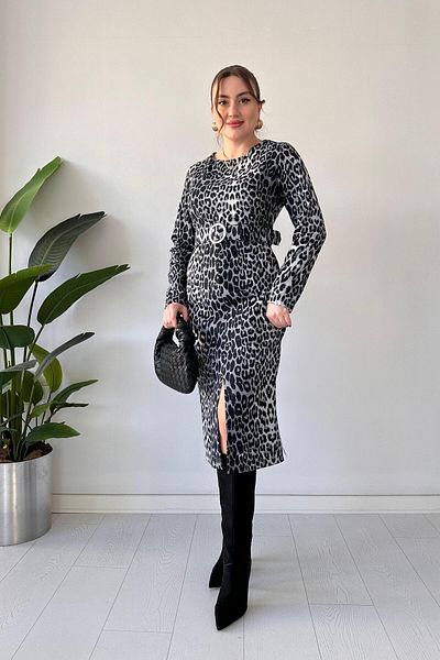 MaziButik Γκρι φόρεμα με σχέδιο λεοπάρ με σχισμή