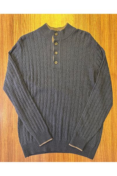 Boris Becker Πλεκτά Navy Blue Cashmere - Λεπτομέρεια με γιακά με κουμπιά και πλεκτά μαλλιά
