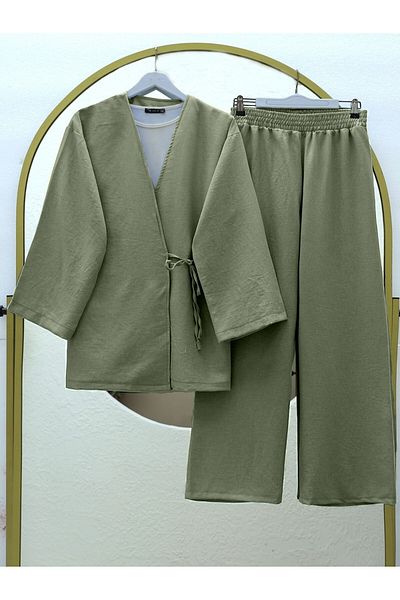 Modamorfo Wide Leg Double Linen Set with Lace-Up on the Side - Camouflage