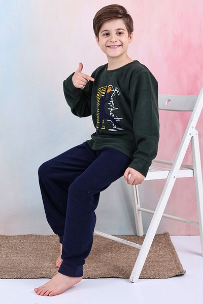 KAPİKİDS Crew Neck - Winter Children's Fleece Pajamas Set with Basketball Embroidery, Soft and Warm
