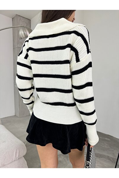 BİKELİFE Women's White Polo Neck Striped Thick Knitwear Sweater