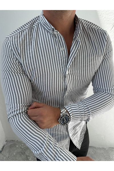 King Brothers Ανδρικό πουκάμισο Μαύρο Slim Fit - Χοντρή γραμμή, μακρυμάνικο