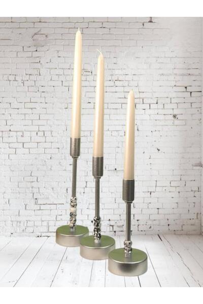 DEDE ÜÇLÜ METAL MUMLUK GÜMÜŞ RENGİ