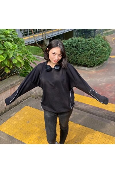 Bravebell İnce Beyaz Şerit Detaylı Siyah Retro Unisex Oversize Uzun Kollu Sweat