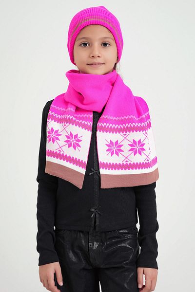 CHUBA Fuchsia Knitwear Scarf Beanie Set for 7-9 and 10-12 Years Old Children - Snow Pattern Chkıds104