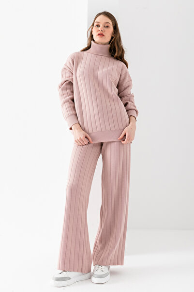 cebe triko Ribbed Knitwear Set, Turtleneck Bottom Top Knitwear Set, Knitwear Sweater Trousers Double Set