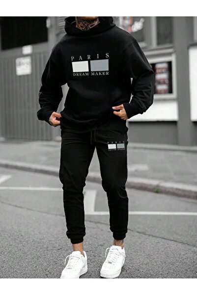 PAVRO Set de trening imprimat Paris Dream Maker - Hanorac oversized și pantaloni jogger