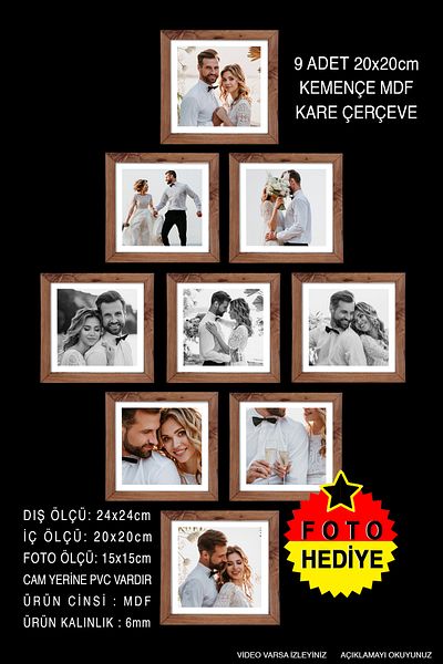 bymat 9 Pieces 20X20 Frame - Kemençe Frame - Mdf Square Frame - Multi Photo Frame Set