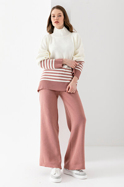 cebe triko Women's Striped Patterned Knitwear Set, Bottom Top Knitwear Set, Knitwear Sweater Pants Two-Piece Set.